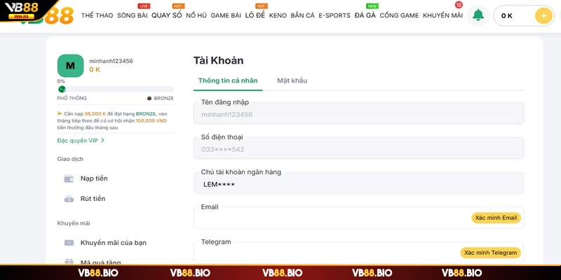 Tài khoản game VB88 cần được liên kết quả ngân hàng